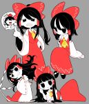  2girls :/ ^_^ arm_support black_eyes black_footwear black_hair bow closed_eyes colored_skin detached_sleeves dmebgsa3 food food_in_mouth gohei grey_background hair_bow hair_down hair_tubes hakurei_reimu half-closed_eyes hand_on_own_head hand_on_own_hip hand_on_own_shoulder high_ponytail highres invisible_chair jitome leaning_to_the_side long_hair long_skirt middle_finger midriff_peek multiple_girls multiple_views neckerchief onigiri reclining red_bow red_shirt red_skirt sanpaku scowl shameimaru_aya sharp_teeth shide shirt sidelocks sitting skirt sleeveless sleeveless_shirt spoken_character teeth touhou white_skin wrist_cuffs yellow_neckerchief 