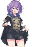  1girl absurdres ahoge bernadetta_von_varley bike_shorts black_skirt blush clothes_lift cowboy_shot fire_emblem fire_emblem:_three_houses garreg_mach_monastery_uniform hair_between_eyes highres latte open_mouth panties purple_eyes purple_hair see-through short_hair skirt skirt_lift solo standing sweatdrop thighs underwear white_background 