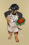  anthro apron black_body black_fur brown_body brown_eyes brown_fur canid canine canis clothing domestic_dog dragonfu food fur german_pinscher hi_res looking_at_viewer male mammal meat multicolored_body multicolored_fur pinscher sausage simple_background solo tail two_tone_body two_tone_fur 