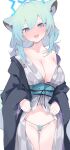  1girl :d animal_ears blue_archive blue_halo breasts green_hair halo highres japanese_clothes kimono large_breasts looking_at_viewer mikozin official_alternate_costume purple_eyes shigure_(blue_archive) shigure_(hot_spring)_(blue_archive) short_hair simple_background smile solo white_background 