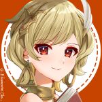  1girl blonde_hair choker citrinne_(fire_emblem) closed_mouth earrings edamameoka feather_hair_ornament feathers fire_emblem fire_emblem_engage gold_choker hair_ornament highres hoop_earrings jewelry light_smile looking_at_viewer portrait red_eyes short_hair simple_background solo 
