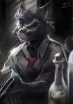  alcohol anthro beer beverage clothing domestic_cat dud_bass dynamic_lighting eyewear felid feline felis gentleman glasses gun hi_res lackadaisy light lighting looking_at_viewer male mammal mordecai_heller necktie painting paws pose ranged_weapon solo suit weapon webcomic wind 