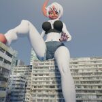  3d_(artwork) absol anthro barefoot bottomwear bra building clothed clothing digital_media_(artwork) feet female generation_3_pokemon hi_res looking_at_viewer low-angle_view macro navel navel_piercing nintendo piercing pokemon pokemon_(species) rose_duskclaw shiny_pokemon shorts sitting_on_building solo underwear 