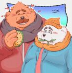 2023 anthro bear belly big_belly blush brown_body brown_fur clothing duo eating eyes_closed facial_hair food fur giant_panda hat headgear headwear hi_res male mammal mustache overweight overweight_male scarf sr_panda_86 sweater topwear 