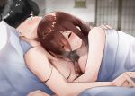  1girl absurdres black_hair blush breasts brown_eyes brown_hair closed_mouth go-toubun_no_hanayome hair_between_eyes hair_over_eyes highres hug indoors large_breasts long_hair lying lying_on_person mame1645 nakano_miku on_back on_bed on_stomach shared_blanket topless topless_male uesugi_fuutarou under_covers 