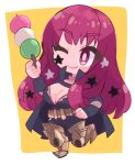  1girl bodysuit breasts chibi cleavage cleavage_cutout clothing_cutout facial_mark fire_emblem fire_emblem_engage food full_body hair_ornament holding holding_food long_hair one_eye_closed red_eyes red_hair simple_background solo star_(symbol) star_hair_ornament tamatamariso85 yunaka_(fire_emblem) 
