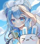  &gt;_&lt; 1girl ahoge arm_up blue_eyes blue_hair blue_shirt blue_sky blush blush_stickers bubble_tea closed_eyes closed_mouth cloud cloudy_sky commentary cup day disposable_cup drinking_straw english_commentary hair_between_eyes hair_horns hair_intakes hand_up highres holding holding_cup jacket long_hair long_sleeves looking_at_viewer mihoyo miyouji outdoors rierca_(chaunhatvy3) shirt sky smile solo upper_body white_jacket 