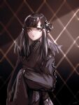  1girl black_dress black_hair black_lips dress expressionless girls&#039;_frontline grey_eyes headgear highres long_hair long_sleeves looking_to_the_side mercurows_(girls&#039;_frontline) nyto_(girls&#039;_frontline) paradeus sideways_glance signature sleeves_past_fingers sleeves_past_wrists solo upper_body yuiga_nao 