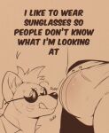 anthro bottomwear bulge clothing dialogue doggonut duo english_text eyewear fur glasses hair hi_res hyena inner_ear_fluff licking licking_lips male mammal monochrome mostly_offscreen_character simple_background sniffing sunglasses text tongue tongue_out topwear tuft 