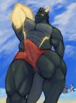  abs absurd_res anthro beach being_watched biceps bulge clothed clothing cloud dragon erection erection_under_clothing glowing glowing_arm glowing_eyes glowing_horn glowing_markings hair hi_res horn leander_dk leander_dk_(artist) long_hair looking_at_another low-angle_view male markings muscular muscular_anthro muscular_male muscular_thighs pecs red_clothing scalie seaside sky solo swimming_trunks swimwear tenting thick_thighs 