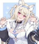  1girl :3 :d absurdres animal_ear_fluff animal_ears black_collar black_jacket blonde_hair blue_hair breasts collar dog_ears dog_girl dress fur-trimmed_jacket fur_trim fuwawa_abyssgard hair_ornament hairpin highres hitozche hololive hololive_english jacket large_breasts long_hair looking_at_viewer multicolored_hair open_mouth pink_eyes smile solo spiked_collar spikes streaked_hair virtual_youtuber white_dress 