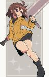  1girl :o ahoge bike_shorts boots brown_hair highres holding holding_knife holding_sword holding_weapon hood hoodie huge_ahoge itsuka_neru knife linne open_mouth purple_eyes reverse_grip short_hair solo sword under_night_in-birth weapon yellow_hoodie 