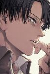  1boy 1other adam&#039;s_apple black_eyes black_hair commentary_request highres levi_(shingeki_no_kyojin) male_focus mo_cha_ri parted_lips portrait profile shingeki_no_kyojin solo_focus 