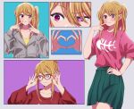  1girl absurdres bespectacled blonde_hair blush close-up closed_mouth collarbone commentary english_commentary glasses green_skirt grey_background grey_jacket hair_between_eyes hand_on_own_chin heart heart_hands highres hoshino_ruby jacket knew_nothing long_hair looking_to_the_side mismatched_pupils multiple_views one_side_up oshi_no_ko pink_eyes pink_shirt pleated_skirt red_shirt shirt sidelocks simple_background skirt star-shaped_pupils star_(symbol) symbol-shaped_pupils tongue tongue_out wavy_mouth yellow_shirt 