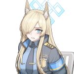  1girl angry animal_ears armband blonde_hair blue_archive blue_armband blue_eyes blue_jacket blue_necktie blue_shirt cheogtanbyeong fox_ears fox_tail hair_over_one_eye highres jacket kanna_(blue_archive) long_hair looking_at_viewer necktie police police_uniform policewoman shirt sitting solo tail uniform white_background 