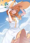  1girl absurdres animal_ear_fluff animal_ears blue_archive blue_eyes blue_sky braid cloud dress halo hat highres looking_at_viewer mari_(blue_archive) open_mouth orange_hair outdoors setakman short_sleeves sky twin_braids white_dress 