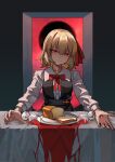  1girl a-xii black_dress blonde_hair bread dress fine_art_parody food hair_ornament highres outstretched_arms parody red_eyes red_wine rumia sad shirt short_hair solo spill touhou white_shirt 