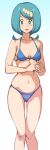  1girl :d bikini blue_bikini blush breasts bright_pupils commentary_request ero_kaeru flipped_hair gradient_background green_eyes green_hair hair_ornament highres knees lana&#039;s_mother_(pokemon) long_hair looking_at_viewer mature_female navel no_sclera open_mouth own_hands_together pokemon pokemon_(anime) pokemon_sm_(anime) ponytail smile solo sweat swimsuit white_pupils 