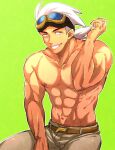  1boy abs belt belt_buckle biceps brown_belt buckle collarbone commentary_request friede_(pokemon) goggles goggles_on_head green_background grin hand_up highres large_pectorals male_focus momosora_(mmsr93) muscular muscular_male navel outline pants pectorals pokemon pokemon_(anime) pokemon_horizons sitting smile solo sweatdrop teeth topless_male white_hair yellow_eyes 