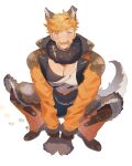  1boy animal_ears bara belt black_pants black_tank_top blonde_hair blush cookie food food_in_mouth fur-trimmed_belt fur_collar granblue_fantasy green_eyes halloween_costume higashigunkan highres large_pectorals looking_at_viewer male_focus muscular muscular_male official_alternate_costume pants pectorals shirt short_hair simple_background solo tail tank_top torn_clothes torn_shirt vane_(granblue_fantasy) vane_(halloween)_(granblue_fantasy) white_background white_shirt wolf_boy wolf_ears wolf_paws wolf_tail 