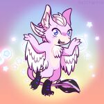  ambiguous_gender anthro avali avian blue_eyes chibi feathers fur hi_res kerolink male owlcryptid paws pink_body pink_fur sharp_teeth solo star tail teeth 