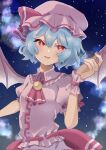  1girl :d ascot bat_wings blue_hair collared_shirt commentary_request hat highres looking_at_viewer looking_to_the_side mob_cap open_mouth outdoors pink_headwear pink_shirt red_ascot red_eyes remilia_scarlet shirt short_hair short_sleeves sky smile solo star_(sky) starry_sky touhou upper_body wings wrist_cuffs yuma880 