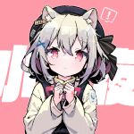  ! 1girl animal_ear_fluff animal_ears beret black_headwear black_vest bow bowtie bright_pupils cat_ears cat_girl character_name closed_mouth demusato_(udmp) ear_tag grey_hair hair_between_eyes hair_ornament hands_up hat hat_ribbon highres light_blush long_sleeves looking_at_viewer own_hands_together pixel_art puffy_long_sleeves puffy_sleeves qr_code red_bow red_bowtie red_eyes ribbon sayo_(voicevox) shirt short_hair sidelocks simple_background slit_pupils solo spoken_exclamation_mark straight-on text_background tsurime upper_body vest voicevox white_pupils white_shirt x_hair_ornament 