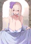  bare_shoulders blonde_hair blue_eyes blurry blurry_background blush breasts cleavage collarbone dress flower hair_flower hair_ornament highres huge_breasts looking_at_viewer open_mouth original princess sagging_breasts skirt_hold smile solo yuzuki_himuka 