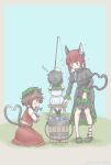  3girls aosiro-michi blue_background braid brown_hair cat_tail chen clothes_lift facing_away fish fishing fishing_rod food_in_mouth from_side green_headwear hat heart heart_tail kaenbyou_rin kneeling mob_cap mouth_hold multiple_girls multiple_tails murasa_minamitsu profile red_eyes red_hair red_skirt red_vest short_hair simple_background skirt skirt_lift skirt_set sparkle tail touhou twin_braids two_tails vest zzz 