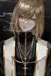  1boy black_background black_robe blonde_hair cigarette closed_mouth cross cross_necklace grey_eyes hair_between_eyes highres hoja_(hoja1214) indie_virtual_youtuber jewelry long_sleeves male_focus medium_hair necklace priest robe schwarzwerder_kirschtorte simple_background smoke smoking solo tippet_(clothing) upper_body virtual_youtuber 