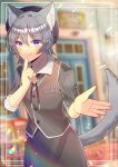  animal_ear_fluff animal_ears beret black_headwear black_skirt blue_eyes blurry blurry_background bolo_tie brown_vest closed_mouth collared_shirt commentary_request depth_of_field grey_hair grey_shirt hair_between_eyes hat indie_virtual_youtuber kou_hiyoyo looking_at_viewer ruiya_nel shirt short_sleeves skirt smile solo striped striped_shirt tail vertical-striped_shirt vertical_stripes vest virtual_youtuber 