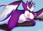  absurd_res anthro areola avian beak belly big_breasts biped breasts digital_media_(artwork) feathered_wings feathers female genitals gryphon hi_res litchie_d looking_at_viewer morgan_(theoreodemon) mythological_avian mythology nipples plumage purple_body purple_feathers pussy scales solo tongue white_belly wings 