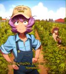  1girl 1other absurdres baseball_cap black_eyes blue_shirt blue_sky brown_eyes bucket but_it&#039;s_honest_work_(meme) clothes_writing day hat highres holding holding_bucket khyle. komi-san_wa_komyushou_desu komi_shouko meme osana_najimi_(komi-san_wa_komyushou_desu) outdoors overalls purple_hair shirt short_hair sky spanish_text straw_hat 