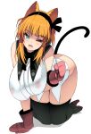  1girl absurdres all_fours animal_ears boots breasts cat_ears cat_tail fangs gloves high_heel_boots high_heels highres huge_breasts long_hair long_sleeves looking_at_viewer masao one_eye_closed open_mouth orange_hair original red_gloves solo tail thigh_boots white_background 