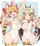 2girls animal_ears blue_background bow bowtie brown_eyes brown_hair cat_ears cat_girl cat_tail drias elbow_gloves extra_ears geoffroy&#039;s_cat_(kemono_friends) gloves green_eyes grey_hair highres kemono_friends kemono_friends_v_project kneehighs large-spotted_genet_(kemono_friends) leotard long_hair looking_at_viewer microphone multiple_girls ribbon simple_background socks tail twintails virtual_youtuber 