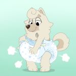  anthro bluey_(series) canid canine canis clean_diaper clothed clothing diaper diaper_fetish diaper_only digital_media_(artwork) domestic_dog fang29 female fur hair hi_res mammal simple_background smile solo tail topless wearing_diaper wendy_(bluey) 