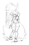  2023 anthro arrow_(weapon) biped bottomwear bulochka canid canine clothed clothing digital_media_(artwork) female footwear fox full-length_portrait fully_clothed fur gun hi_res inner_ear_fluff mammal outside pants portrait ranged_weapon shirt shoes sketch solo standing tail topwear tuft weapon 
