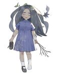  1girl :d absurdres aged_down bandaged_arm bandages bandaid bandaid_on_knee bandaid_on_leg black_hair blue_dress child closed_eyes collared_dress commentary_request dirty dirty_face dress facing_viewer female_child flying_sweatdrops full_body geeta_(pokemon) glimmet highres holding holding_shoes holding_stick leaf leaf_on_head long_hair ningenmi_aru open_mouth pokemon pokemon_(creature) pokemon_(game) pokemon_sv scrape scraped_knee shoes short_sleeves smile socks stick teeth twig upper_teeth_only white_socks 