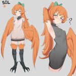  1girl ? absurdres armpits bird_legs bird_tail black_sweater blue_eyes blush breasts character_name commentary dress english_commentary green_ribbon grey_background hair_ribbon harpy highres long_hair monster_girl multiple_views orange_feathers orange_hair orange_wings original pointy_ears ponytail ribbed_sweater ribbon simple_background sleeveless sleeveless_sweater sleeveless_turtleneck small_breasts sol_(thus0) sweater sweater_dress tail talons thus0thus turtleneck turtleneck_sweater winged_arms wings 