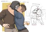  2boys belt black_belt black_hair black_pants black_shirt blush call_of_duty call_of_duty:_modern_warfare_2 closed_eyes couple cup dreaming_oor english_text facepaint facial_hair ghost_(modern_warfare_2) grey_pants highres holding holding_cup hood hood_up hooded_jacket hug jacket male_focus mask multiple_boys pants shirt short_hair sidecut skull_mask soap_(modern_warfare_2) twitter_username yaoi 