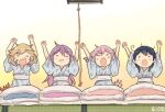  4girls akebono_(kancolle) animal arms_up black_hair blush closed_mouth crab futon japanese_clothes kantai_collection kimono light_brown_hair long_hair multiple_girls oboro_(kancolle) open_mouth pink_hair purple_hair rabbit saiguchi_otoufu sazanami_(kancolle) short_hair tatami ushio_(kancolle) waking_up wide_sleeves 