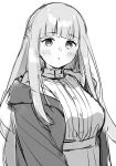  1girl blush cloak e_(eokiba) expressionless fern_(sousou_no_frieren) greyscale hood hooded_cloak long_hair monochrome simple_background sketch solo sousou_no_frieren upper_body white_background 