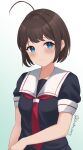  1girl ahoge alternate_hair_length alternate_hairstyle blue_eyes blush brown_hair commentary highres kantai_collection necktie shidas0459 shigure_(kancolle) short_hair signature simple_background 