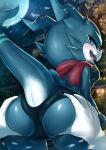  anthro bandai_namco blue_eyes blush butt butt_grab clothing digimon digimon_(species) disembodied_hand duo hand_on_butt hi_res horn looking_back male scalie scarf short_stack shoru teal_body thong underwear veemon 