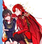  1boy 1girl alternate_costume black_pants blush braid brother_and_sister fate/grand_order fate_(series) fiery_hair gloves hair_ornament hi_(wshw5728) highres long_hair long_sleeves oda_nobunaga_(fate) otoko_no_ko pants red_eyes red_hair red_shirt shirt siblings side_braid simple_background sparkle twitter_username very_long_hair white_background 