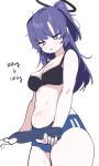  1girl absurdres black_bra blue_archive blue_buruma blush bra breasts buruma cleavage halo highres hufy long_hair medium_breasts parted_lips ponytail purple_eyes purple_hair simple_background solo sweat underwear undressing weight_conscious white_background yuuka_(blue_archive) yuuka_(track)_(blue_archive) 