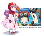  1girl 2boys blush closed_mouth curly_hair dragon_quest dragon_quest_ii dress full_body goggles goggles_on_head goggles_on_headwear hat hood long_hair long_sleeves looking_at_viewer mawaru_(mawaru) multiple_boys open_mouth prince_of_lorasia prince_of_samantoria princess_of_moonbrook purple_hair robe smile spiked_hair staff white_robe 