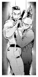  2boys ass atomic_heart bald bara beard belt char-les_(atomic_heart) facial_hair fukurau glasses gloves greyscale gun holding holding_gun holding_weapon jacket jumpsuit large_pectorals male_focus monochrome multiple_boys muscular muscular_male p-3_(atomic_heart) pants pectorals short_hair single_glove weapon yaoi 