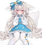  1girl animal_ears argyle argyle_legwear blue_bow blue_dress blue_ribbon blush bow buttons center_frills closed_mouth dot_nose dress eip_(pepai) feet_out_of_frame fox_ears fox_girl fox_tail frilled_dress frills gloves grey_hair hair_between_eyes hair_bow long_hair long_sleeves looking_at_viewer low-tied_long_hair neck_ribbon original pantyhose petticoat pinstripe_pattern raised_eyebrows red_eyes ribbon sakurada_shiro sidelocks simple_background sitting smile solo steepled_fingers straight-on striped tail white_background white_gloves white_pantyhose 