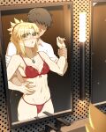  1boy 1girl abs absurdres bare_shoulders blonde_hair bra braid breasts brown_hair cleavage collarbone faceless faceless_male fate/apocrypha fate/grand_order fate_(series) french_braid glasses green_eyes highres hyperbudd jewelry long_hair mirror mordred_(fate) mordred_(fate/apocrypha) navel necklace panties parted_bangs ponytail red_bra red_panties reflection short_hair sidelocks small_breasts sweat underwear 